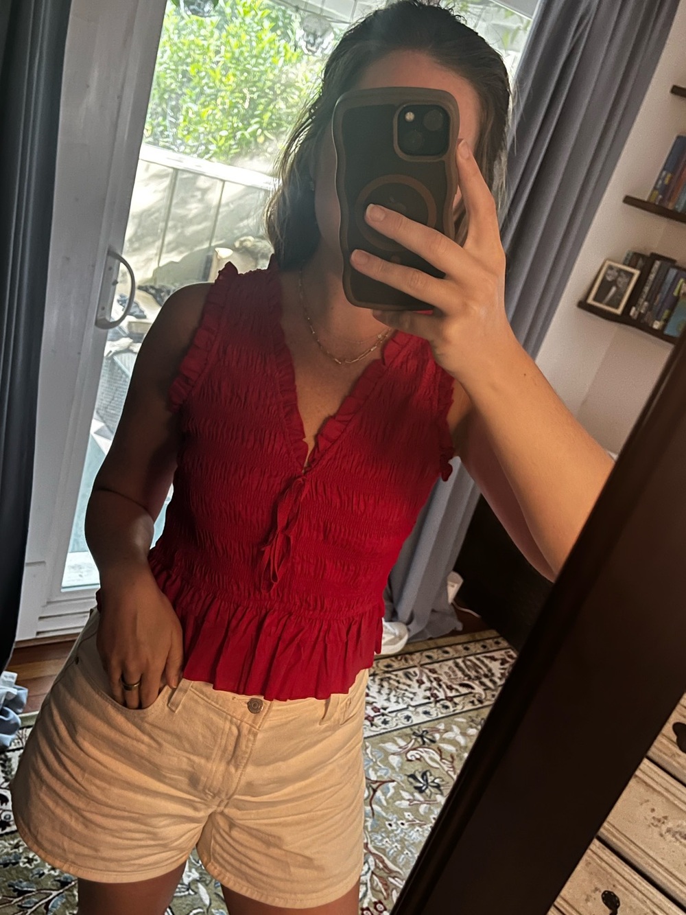 LOFT Red Smocked Ruffle V-Neck Tank